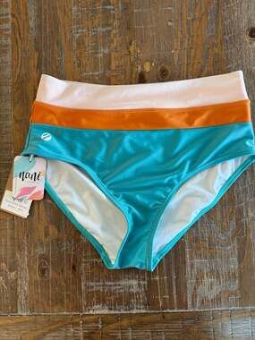 Nani Swimwear Colorblock Mid Rise Bikini Bottom Teal Orange White Size S